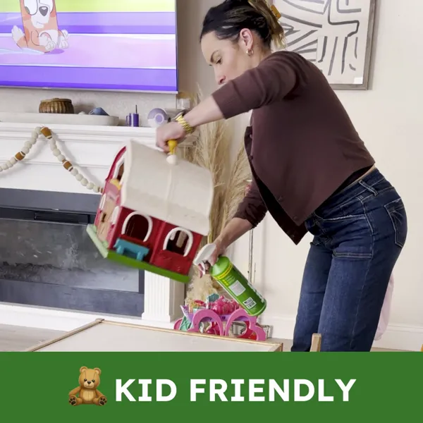 A child playing safely on the floor after BugMD is sprayed